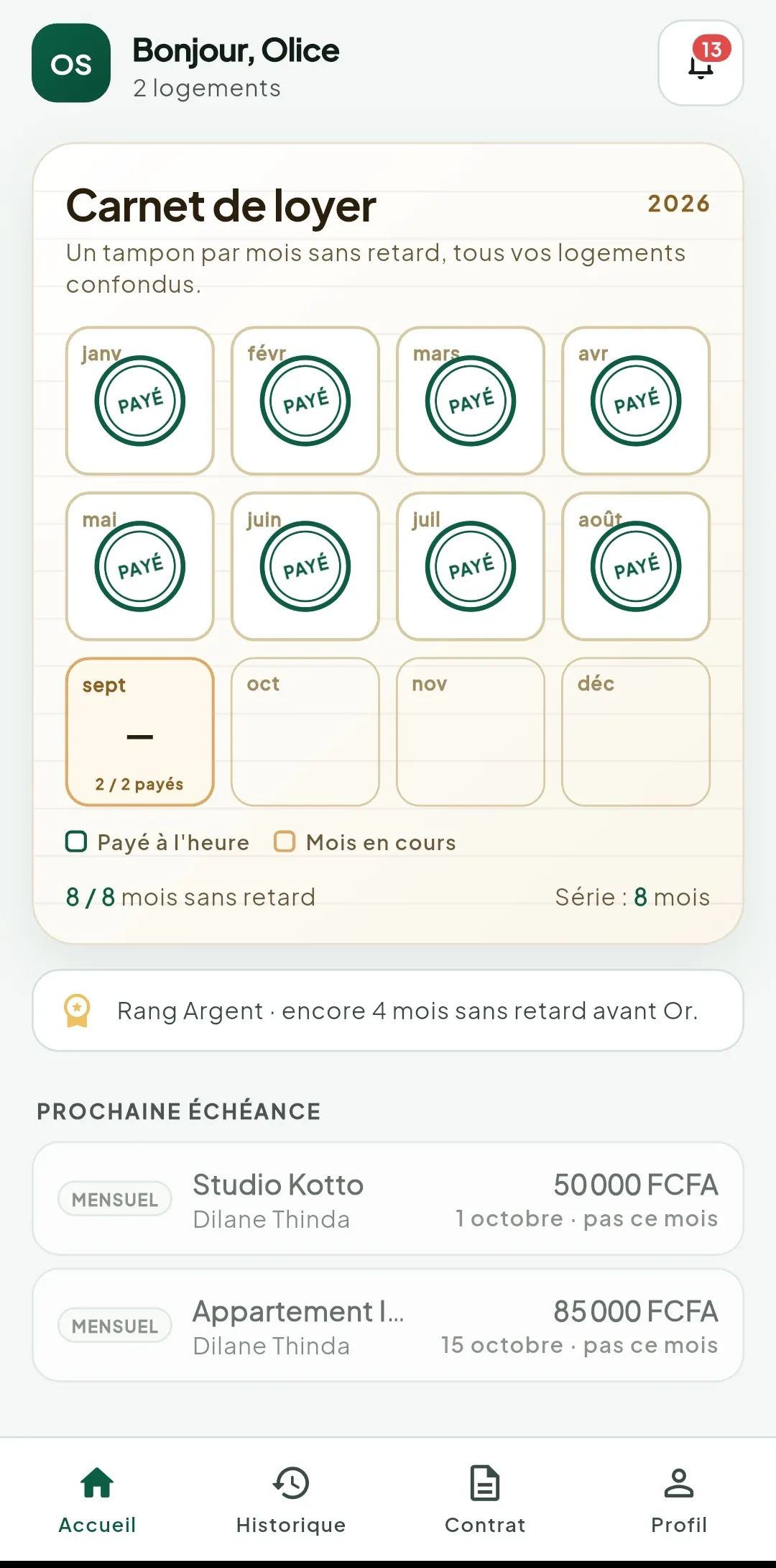 L'app Bailor pour les locataires : le carnet de loyer avec un tampon « Payé » par mois sans retard, le rang de fiabilité et les prochaines échéances.