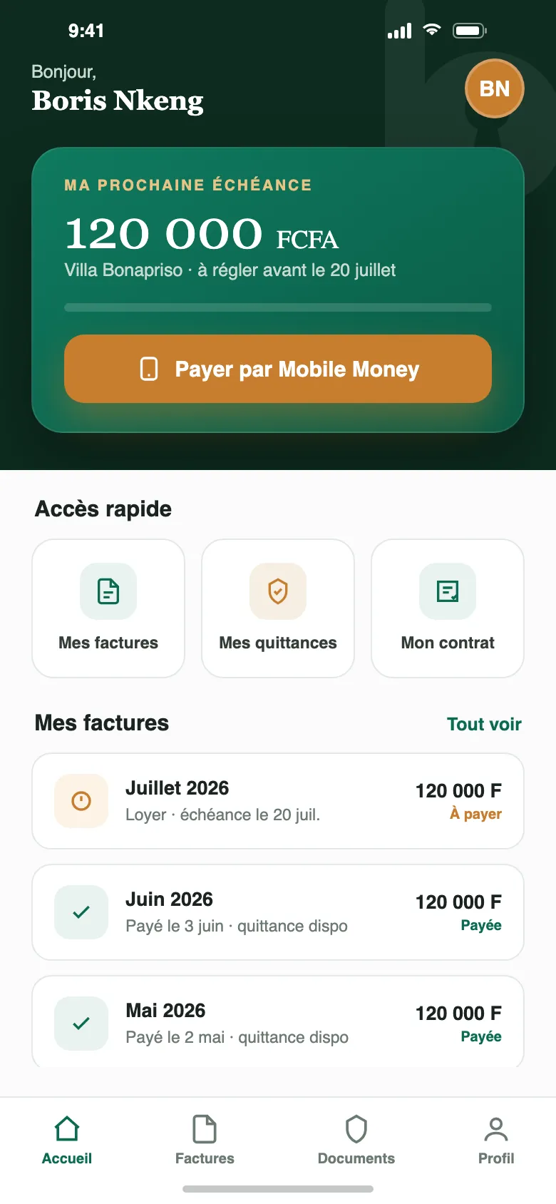 L'app Bailor pour les locataires : prochaine échéance, paiement mobile money, factures et quittances au même endroit.